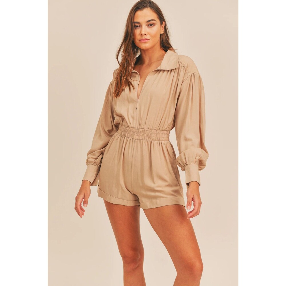 Mable Beige Long Sleeve Collared Smocked Waist‎ Romper Shortalls Size S